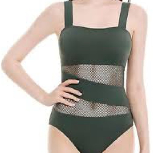Carmen Marc Valvo One piece Olive Green Mesh Stripe panels Size 6 Summer Beach - Picture 1 of 13